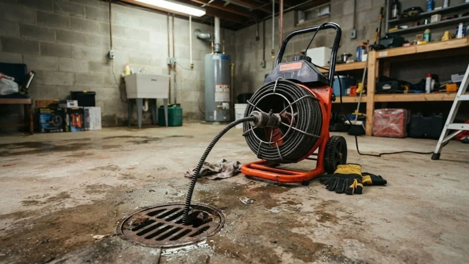 Drain machine cable feeding into a floor drain in a garage