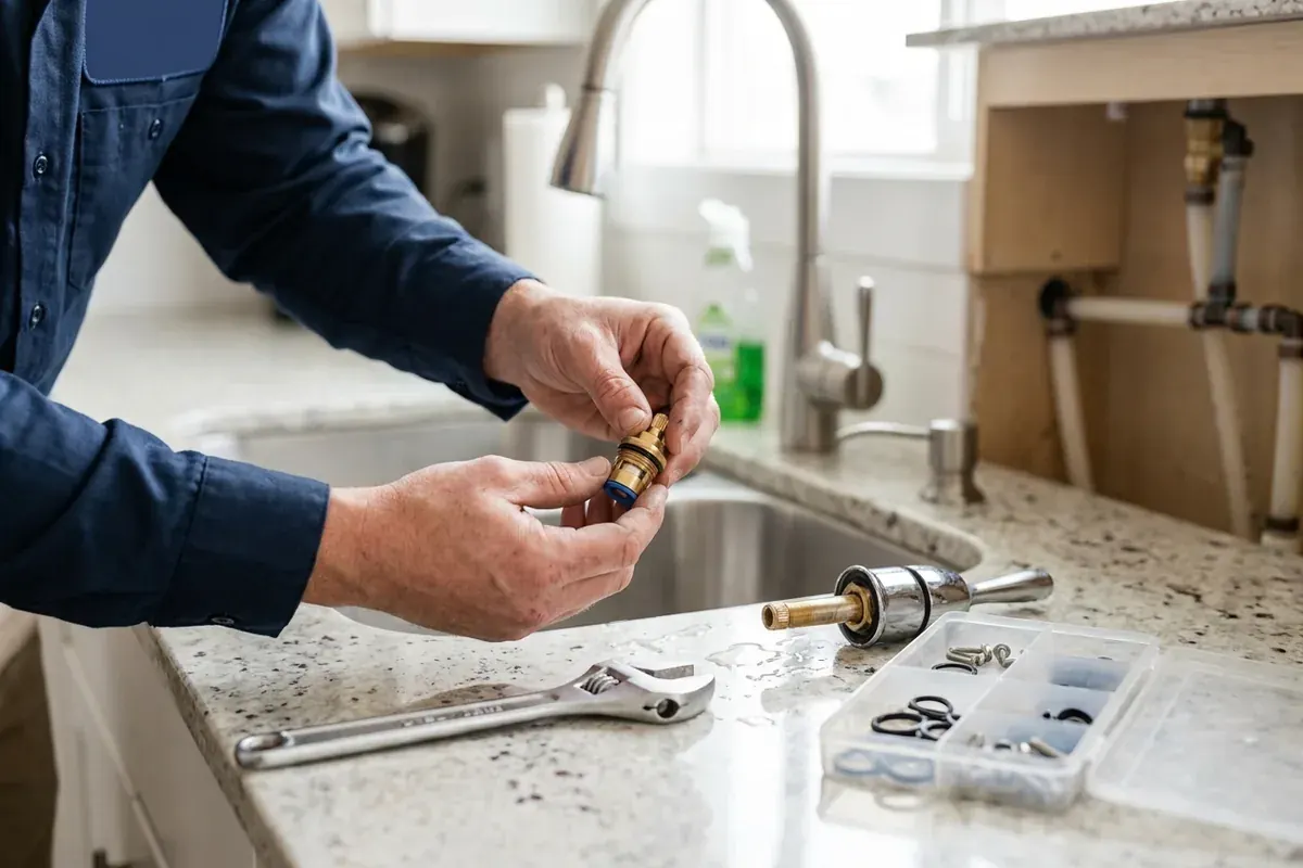 Hands replacing a faucet cartridge with a wrench and small parts on a kitchen counter