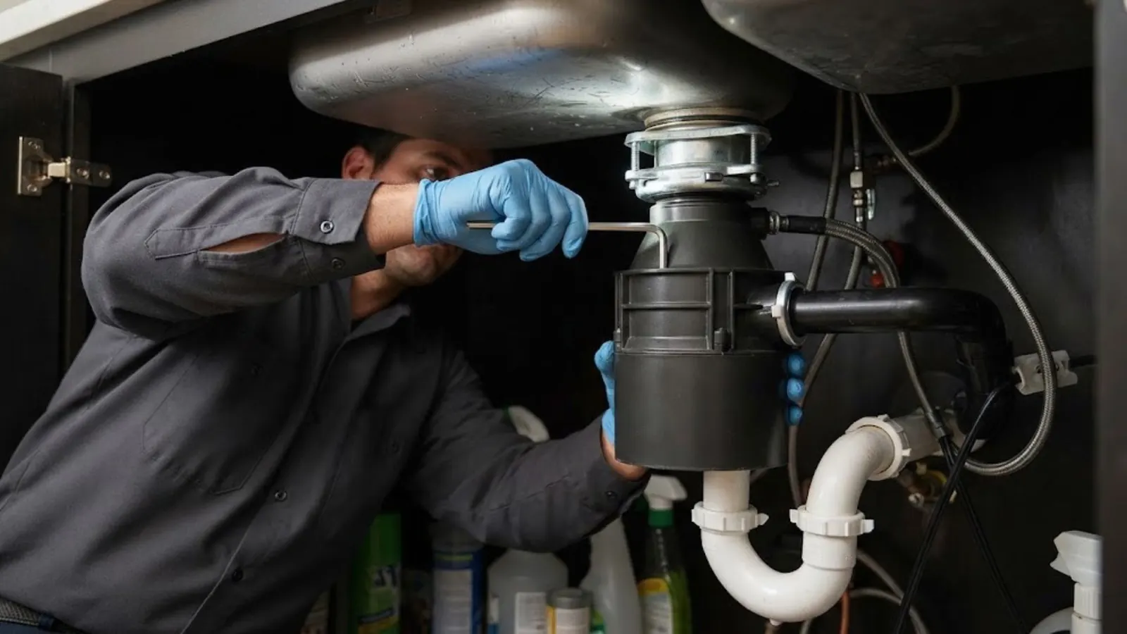 Plumber in gloves tightening a garbage disposal under a kitchen sink