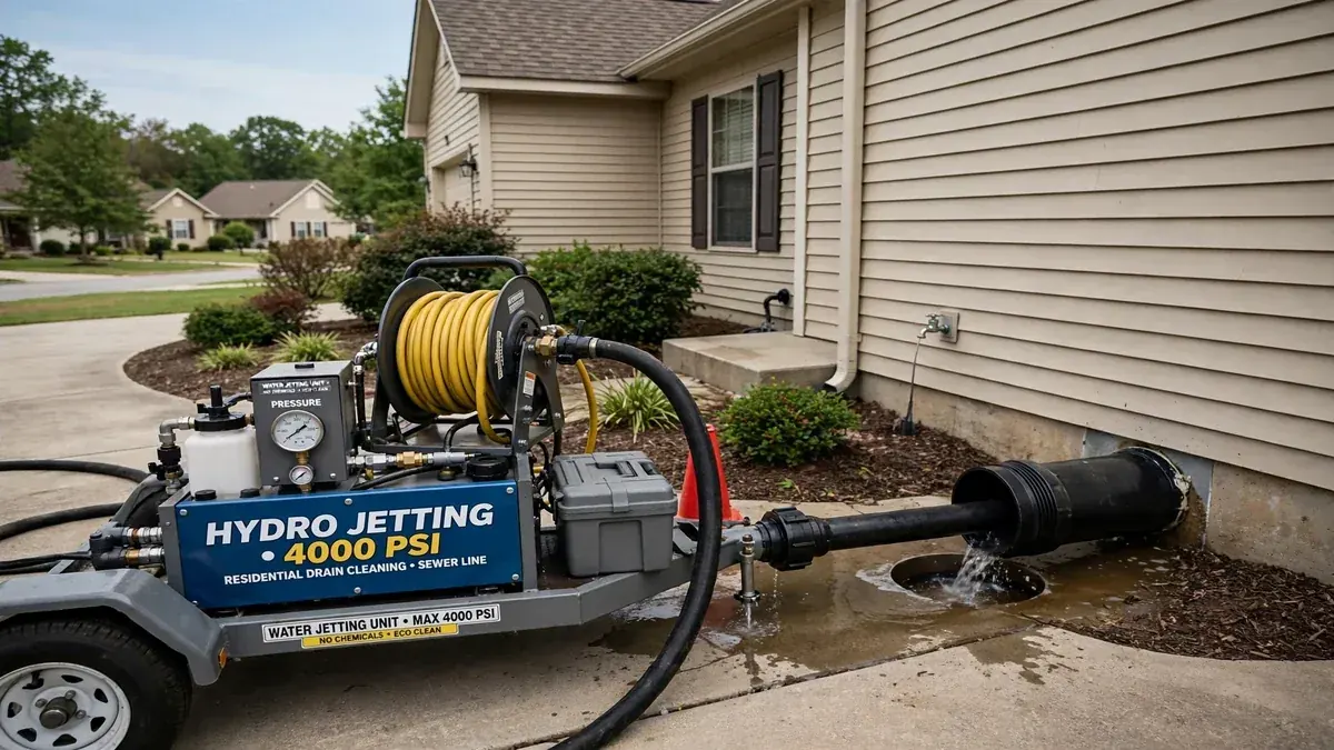 Trailer-mounted hydro jetting unit with its hose run to a cleanout beside a house