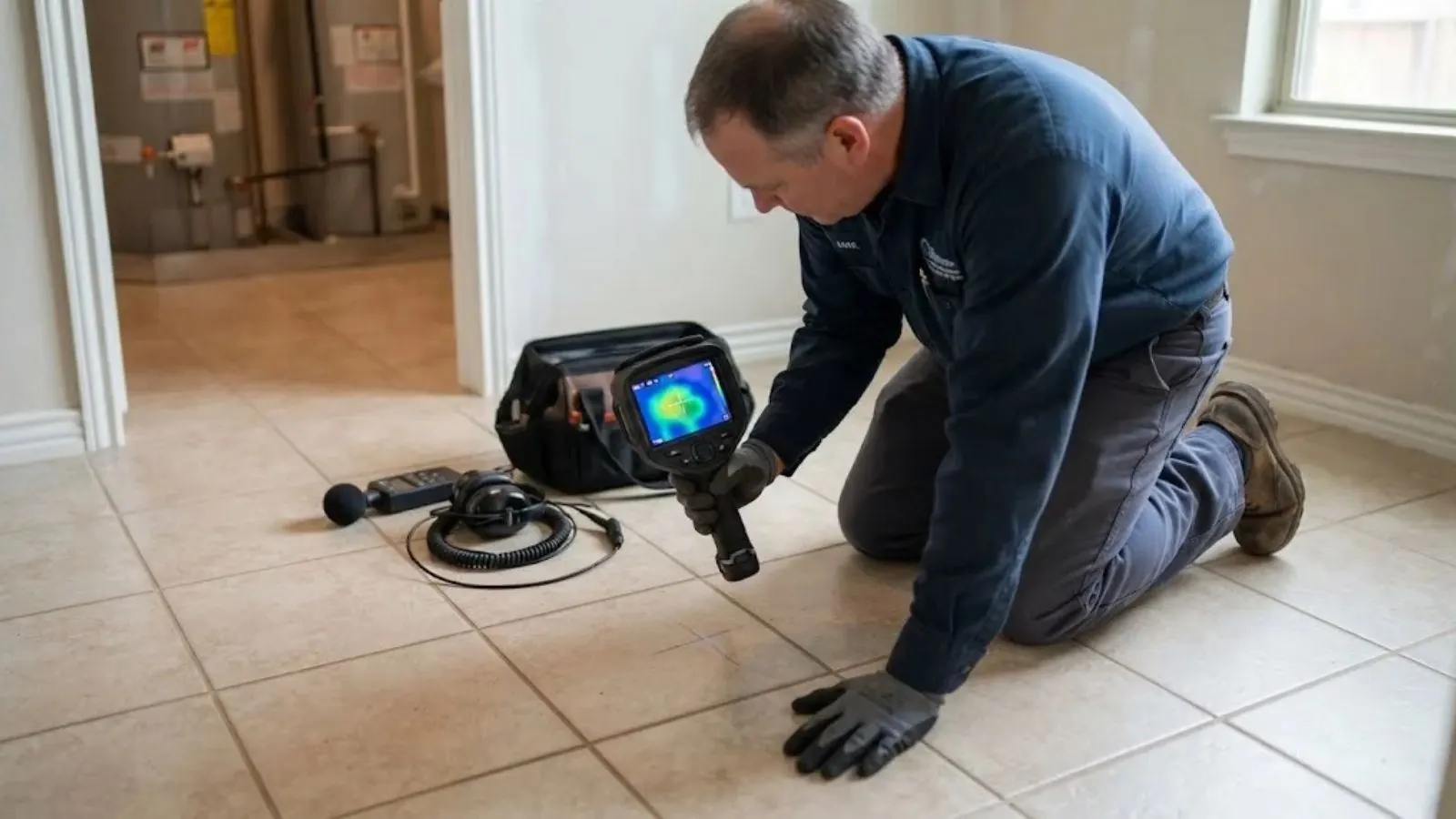 Technician scanning a tile floor with a thermal imaging camera to find a hidden leak