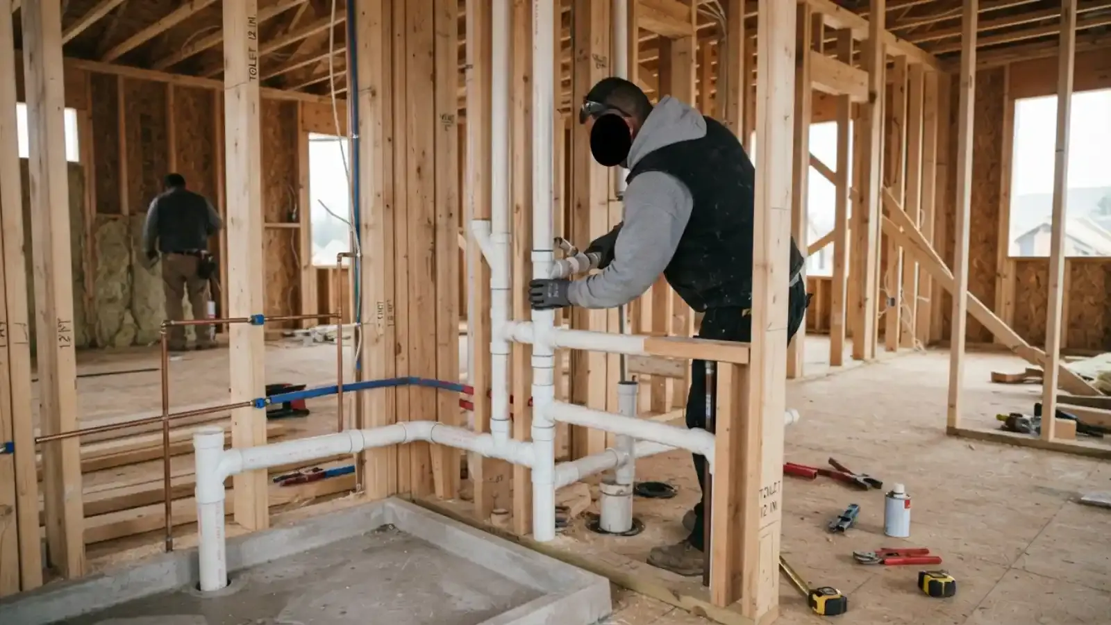 Plumber roughing in white PVC drain lines and blue supply lines in a framed building