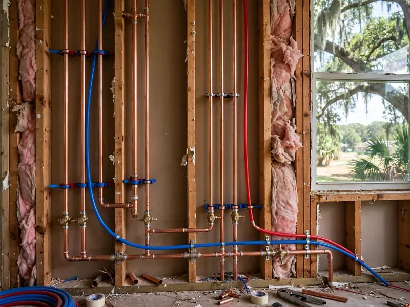 Wall opened to the studs showing new blue and red PEX supply lines