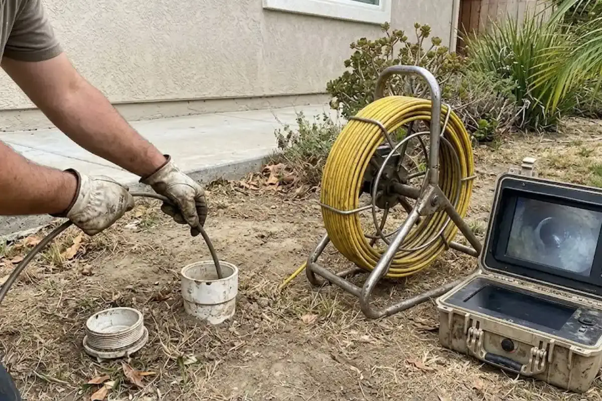 Sewer camera reel and monitor set up beside an outdoor cleanout