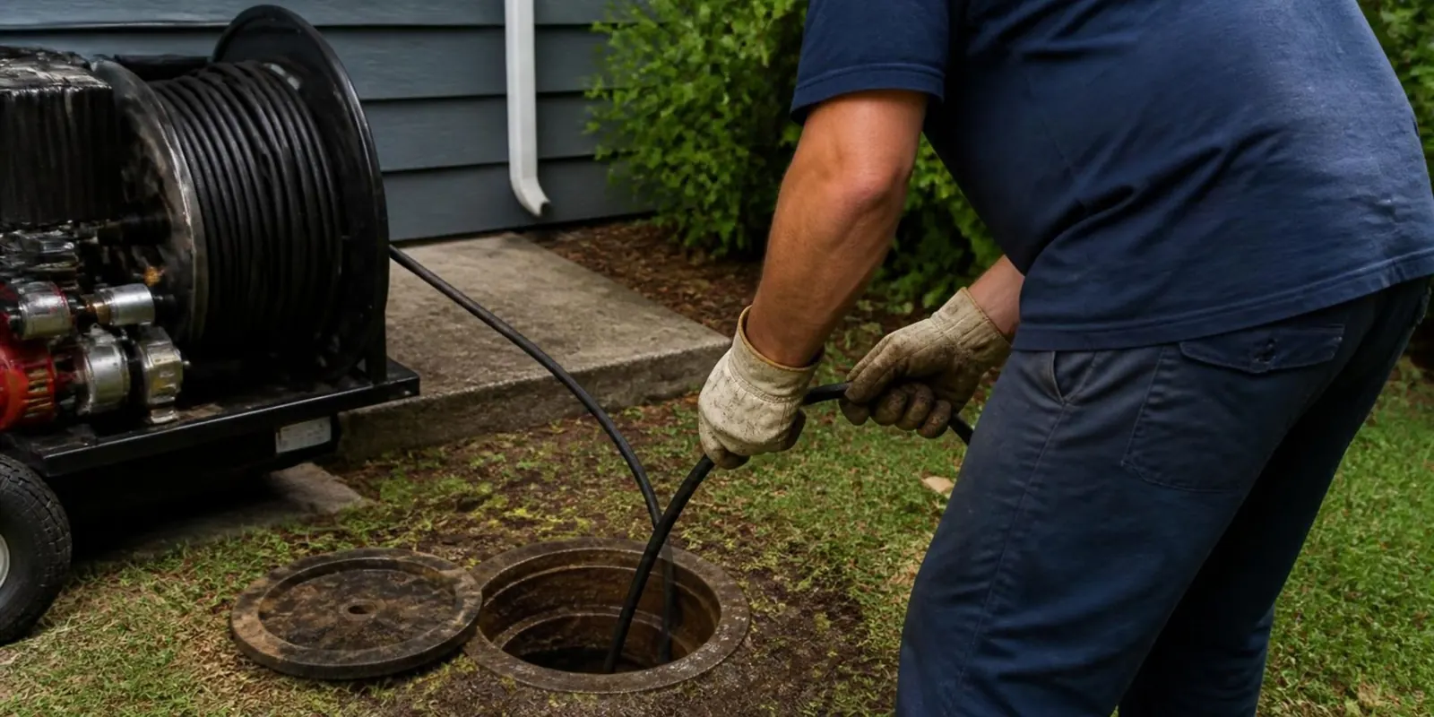 Plumber feeding drain machine cable into an outdoor sewer cleanout in a yard