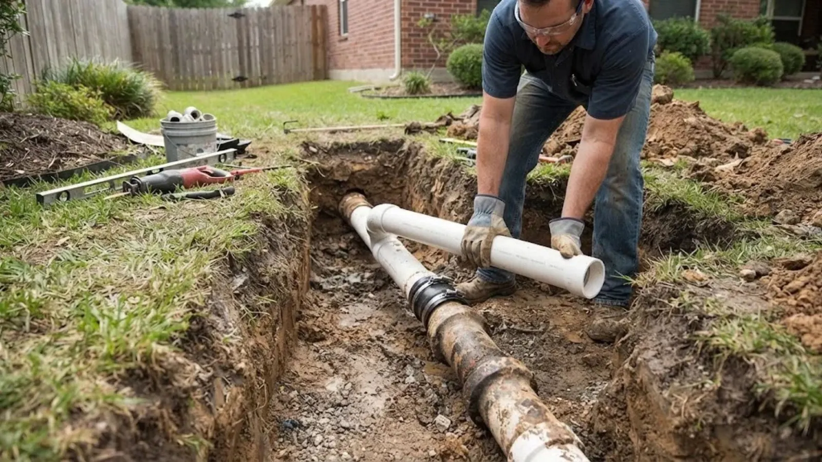 Plumber fitting new white PVC sewer pipe in an open trench in a yard
