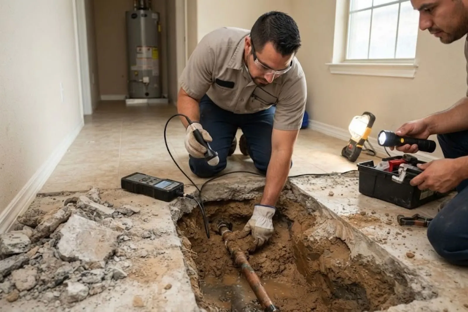 Two plumbers working at an opened section of a concrete floor slab to reach a leaking pipe