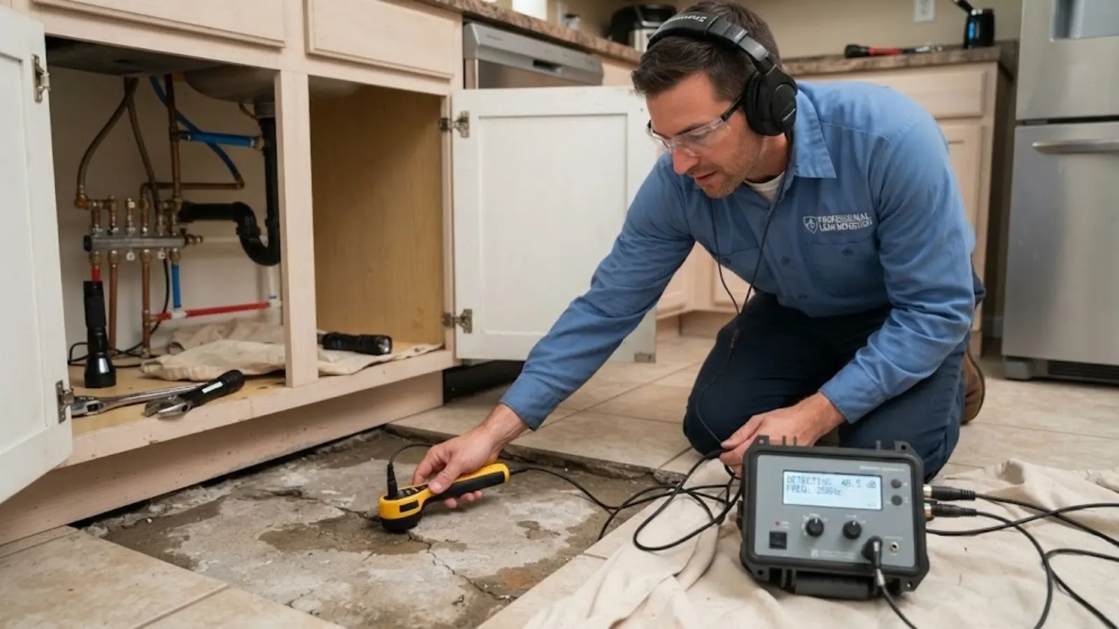 Technician with electronic listening equipment on a bare floor slab beside a cabinet