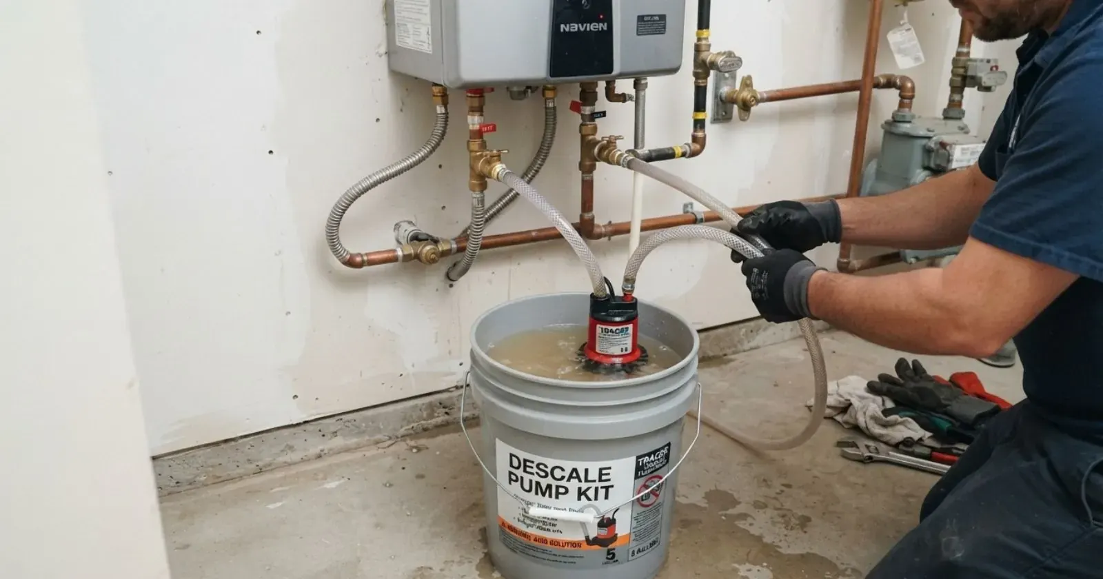 Descaling pump kit and bucket connected to a wall-mounted tankless water heater