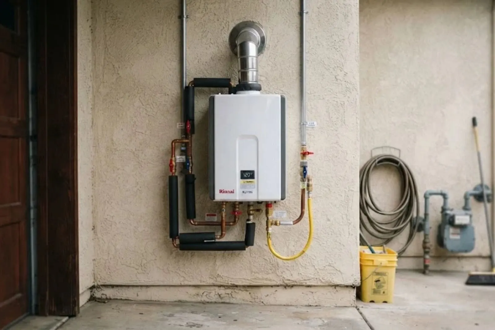 Wall-mounted tankless water heater with vent and gas line on a stucco wall