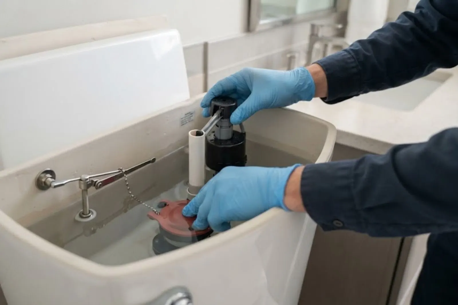 Gloved hands adjusting the parts inside an open toilet tank