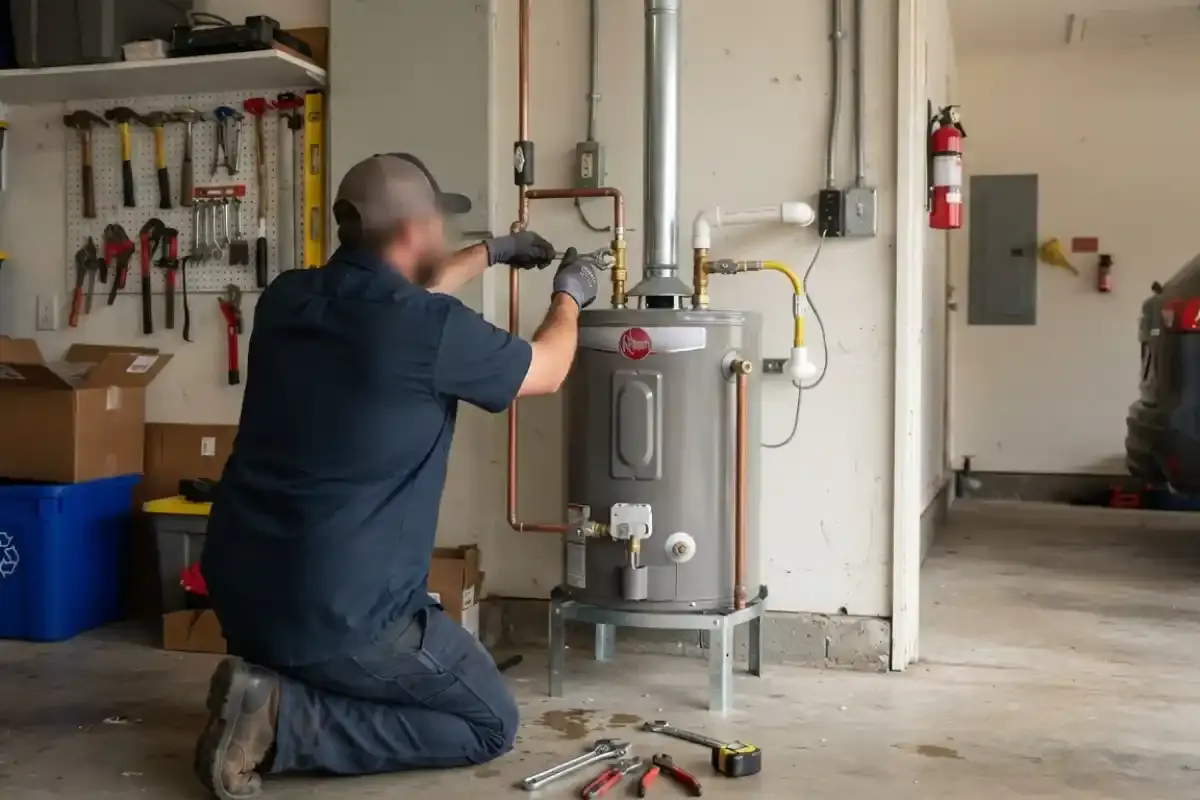 Technician kneeling to connect a tank water heater in a utility room