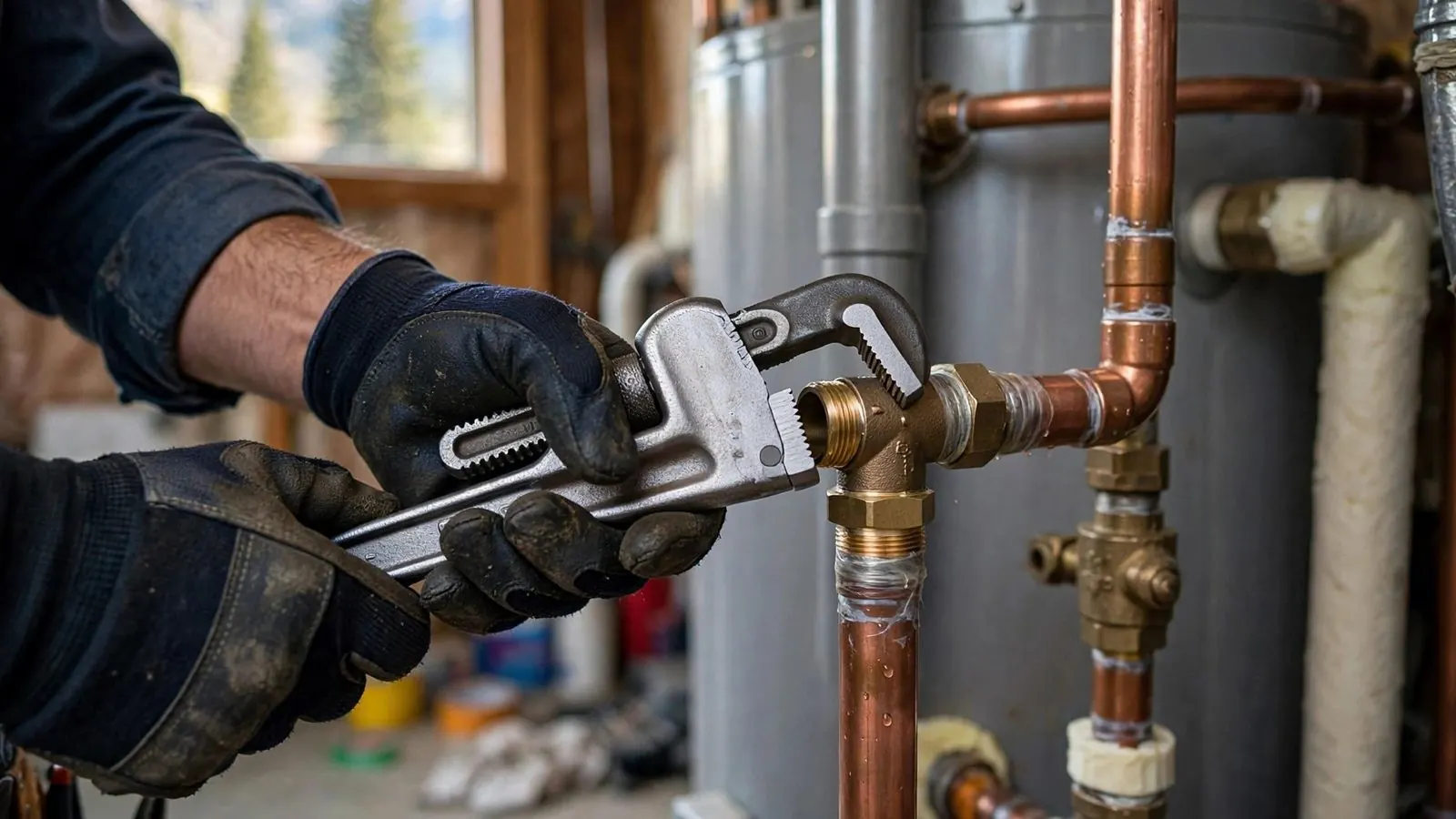 Gloved hands tightening copper fittings on a water heater with pipe wrenches