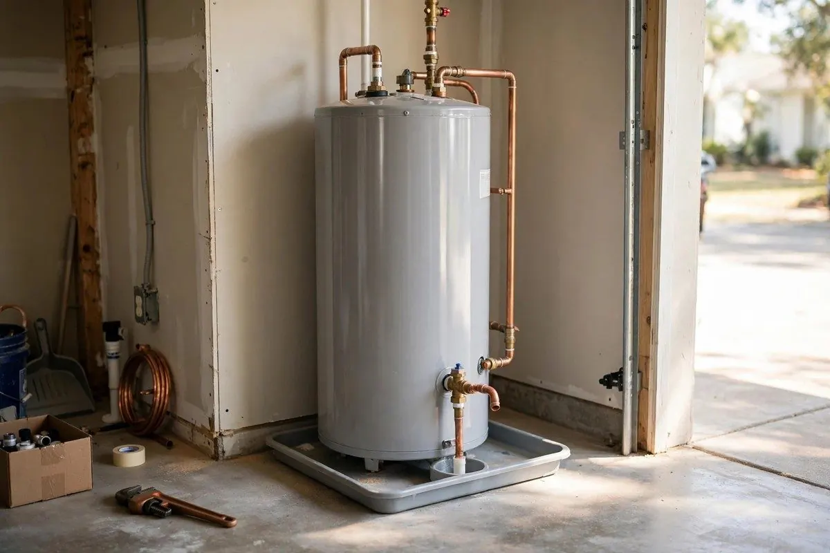 New tank water heater on a drain pan in a garage with copper supply lines