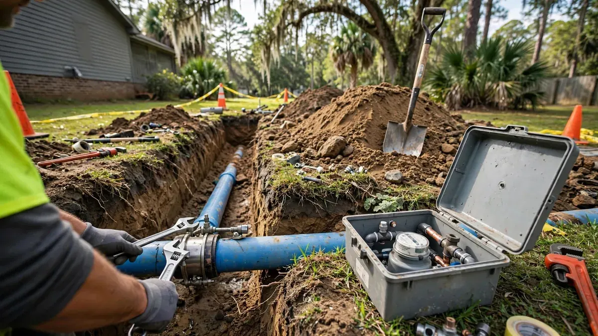 Crew repairing a blue water service line in a trench beside a water meter box