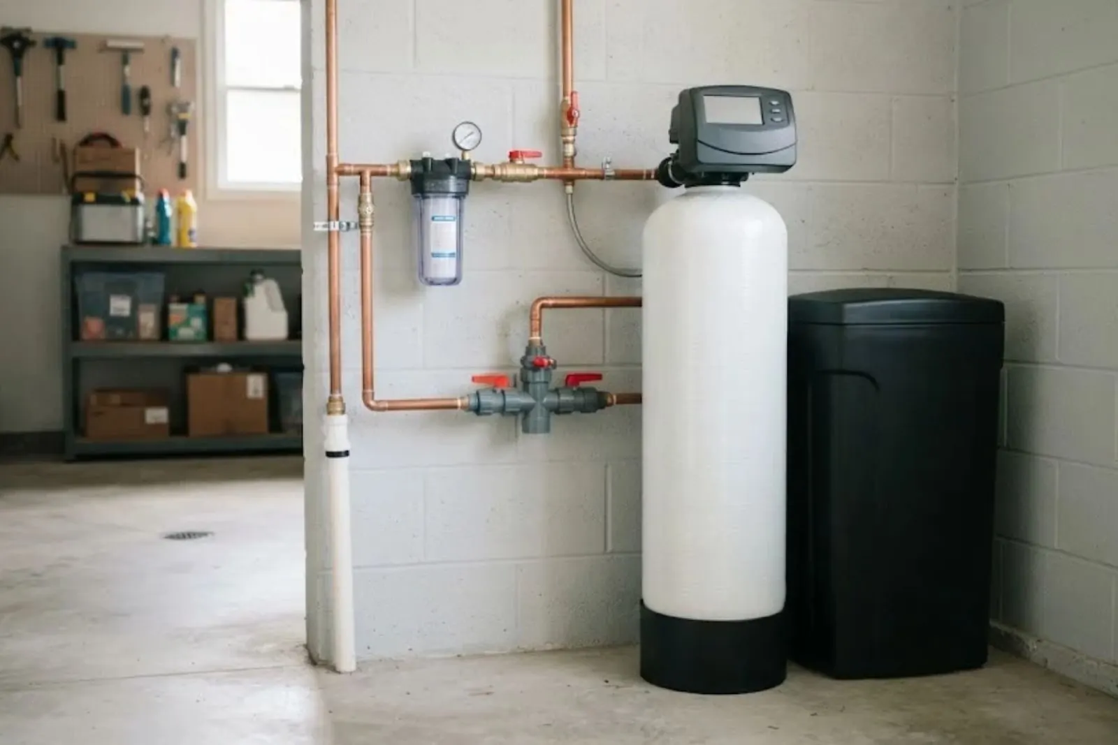 Whole-house water softener and brine tank beside a filter housing in a garage
